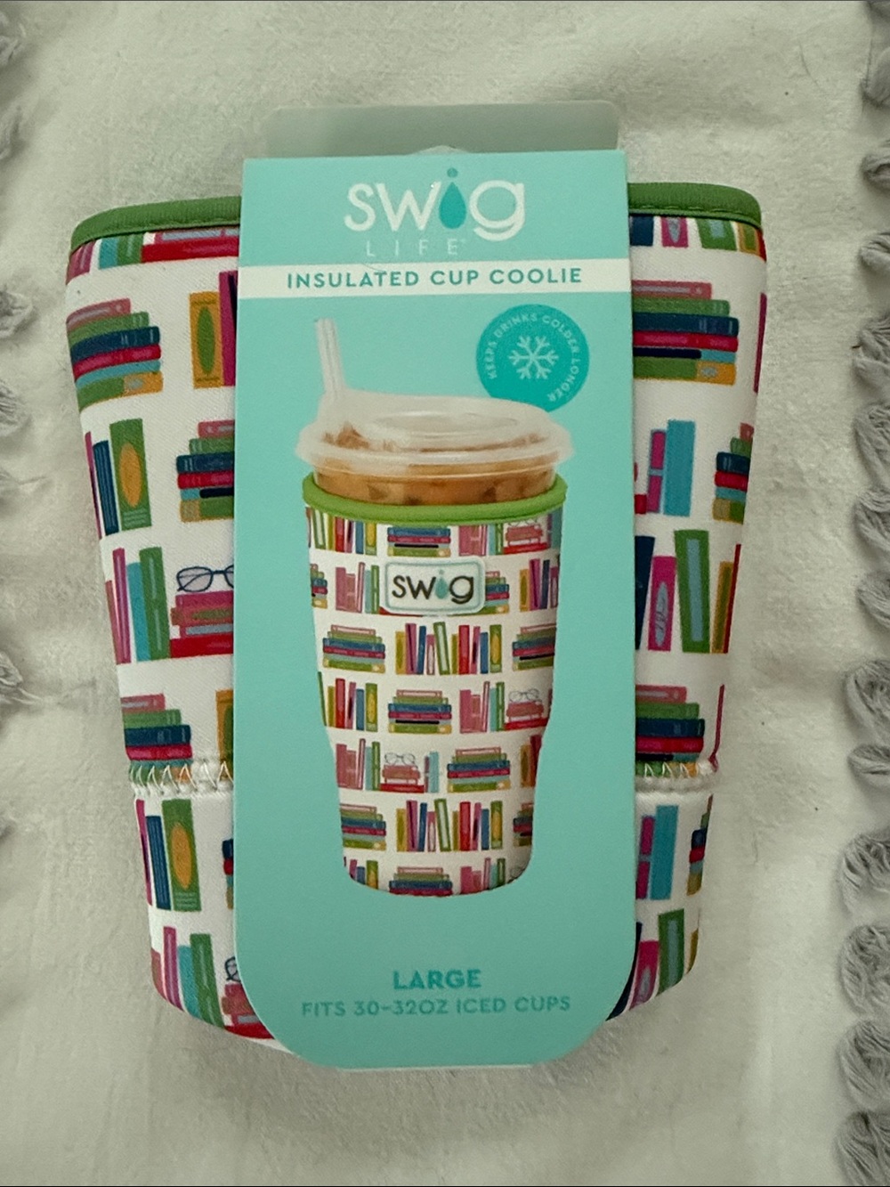 Swig Life Insulated Cup Cooler Sleeve — White Multicolor Book Pattern (Large)